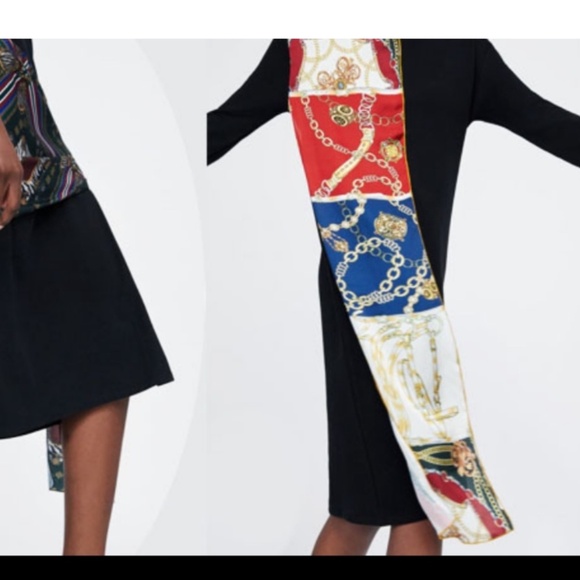 Zara Scarf Chain Satin Print Black Long Sleeve Midi Sheath Dress Size Small - Picture 10 of 10